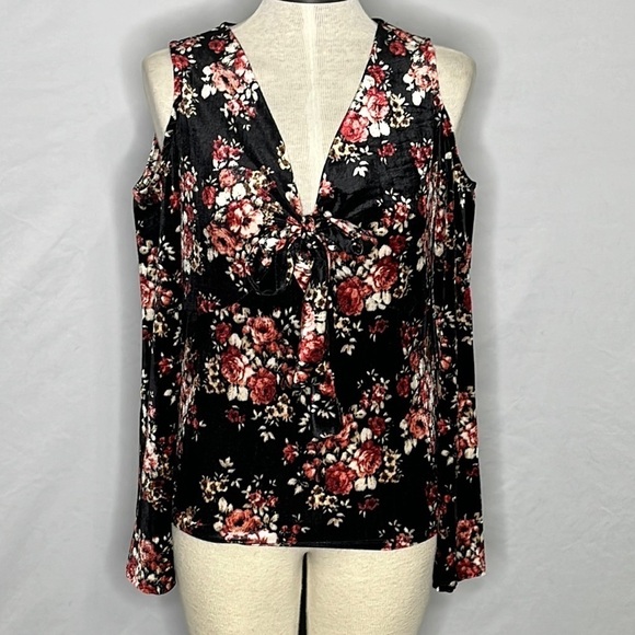 ProBlue Velvet Floral Cold Shoulder Long Sleeve Tie Bodice Blouse - NWOT - Small - Picture 1 of 5